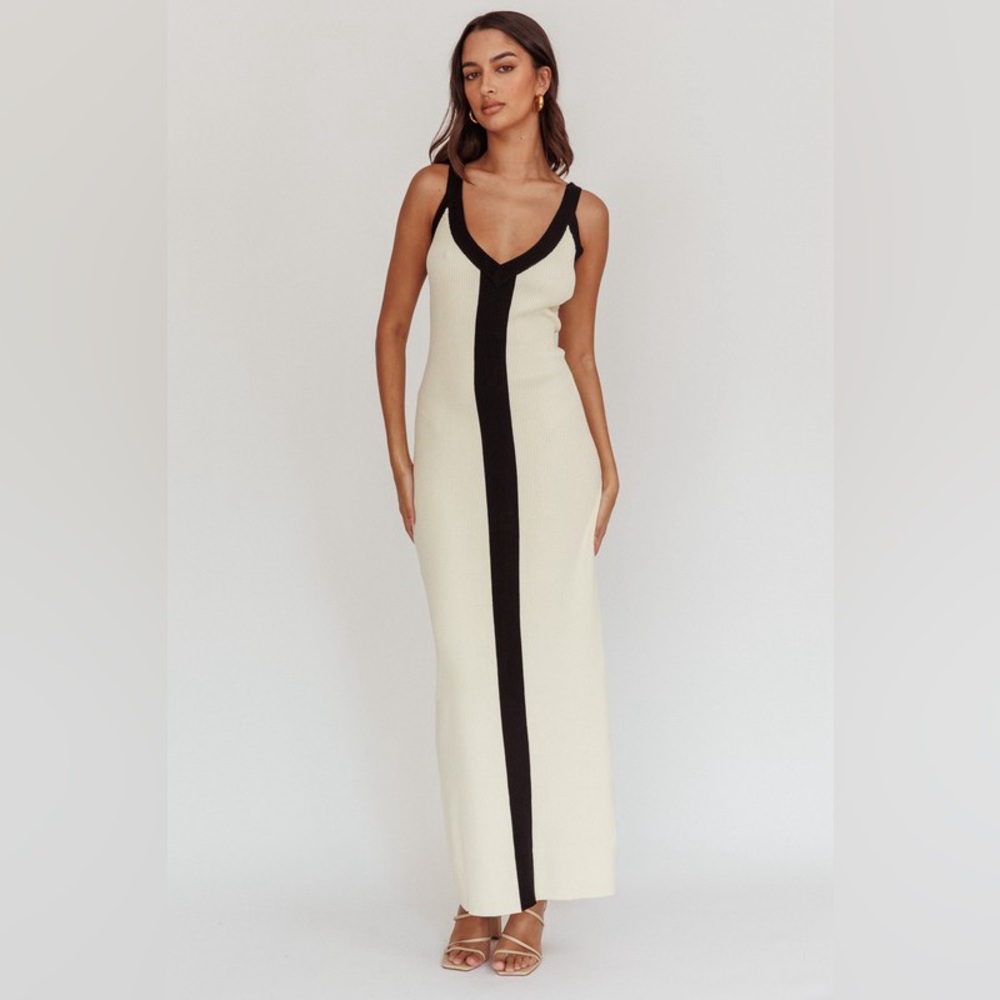 Ivory and Black Maxi Dress with Center Stripe